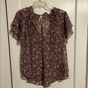 Anthropologie Floral Brown Blouse with Flutter Sleeves Size XL